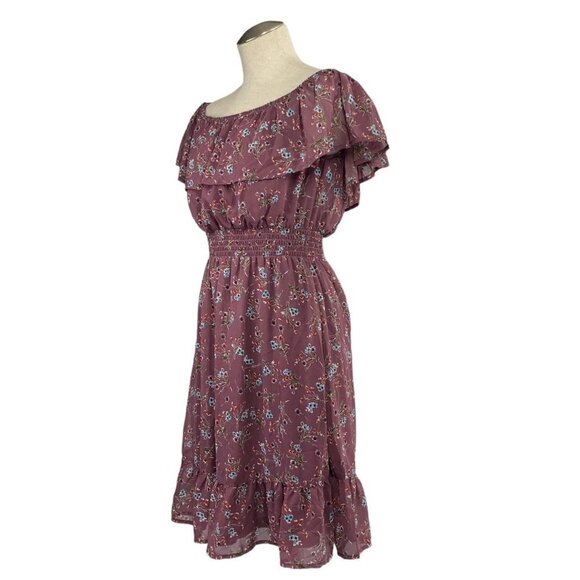 Peacocks Floral Smocked Ruffle Sleeve Midi Dress - Mauve, Size UK:12/US:8 - Picture 3 of 9